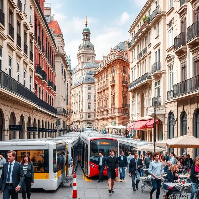 Madrid city center with historic buildings and business activity.