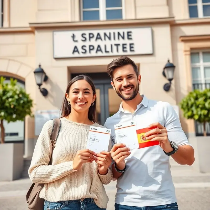 Happy couple holding Spanish residency cards in front of immigration office in Spain.