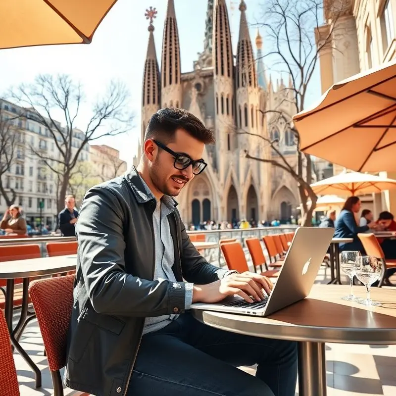 Digital nomad working remotely from a café in Barcelona with Sagrada Familia in the background.