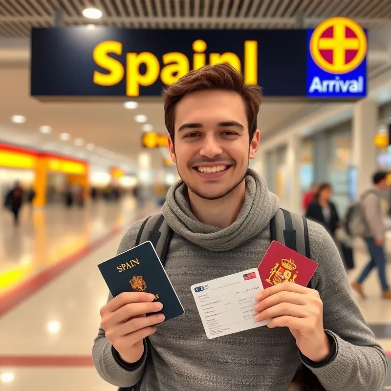 Happy traveler with Spanish visa arriving in Spain.