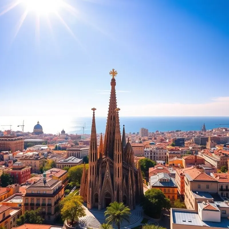 Beautiful panoramic view of Barcelona city with Sagrada Familia and the Mediterranean sea