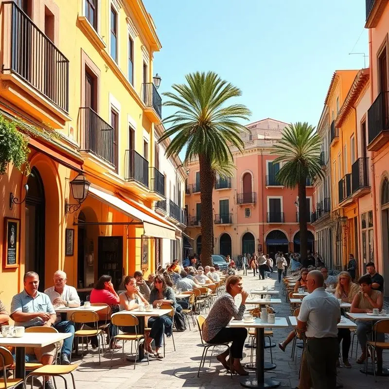Beautiful Spanish street café with people enjoying coffee under sunny skies.