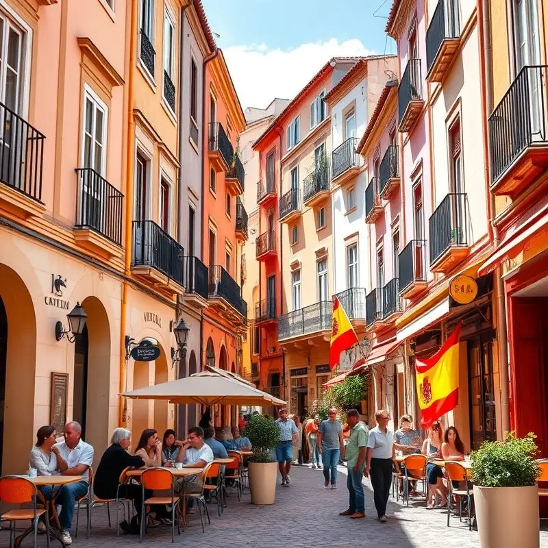 Sunny Spanish street with cafes and vibrant architecture – perfect lifestyle for Non-Lucrative Visa holders.