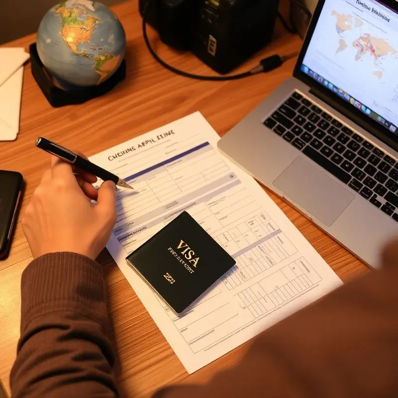 Spain visa form being filled out with travel documents ready.