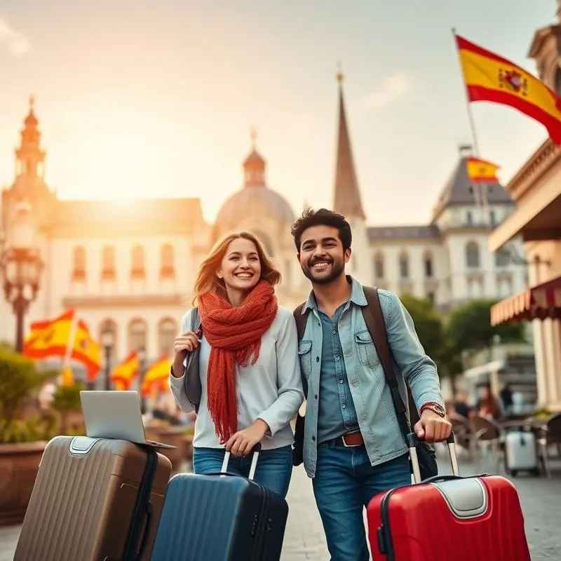 Young expat couple arriving in Spain with luggage, standing near iconic Spanish architecture under the sun.