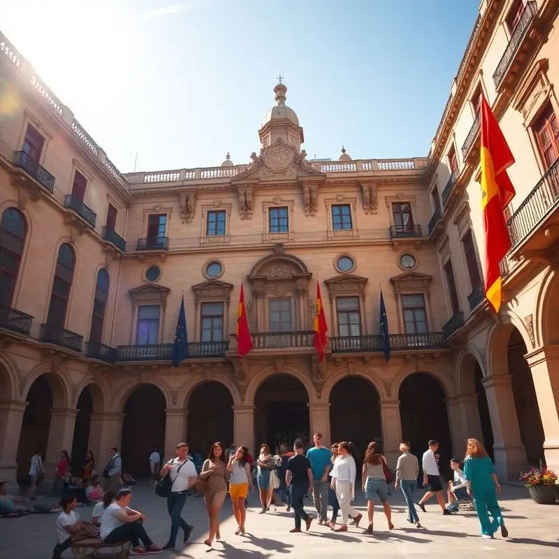 Historic University of Barcelona courtyard with students in a sunny academic setting