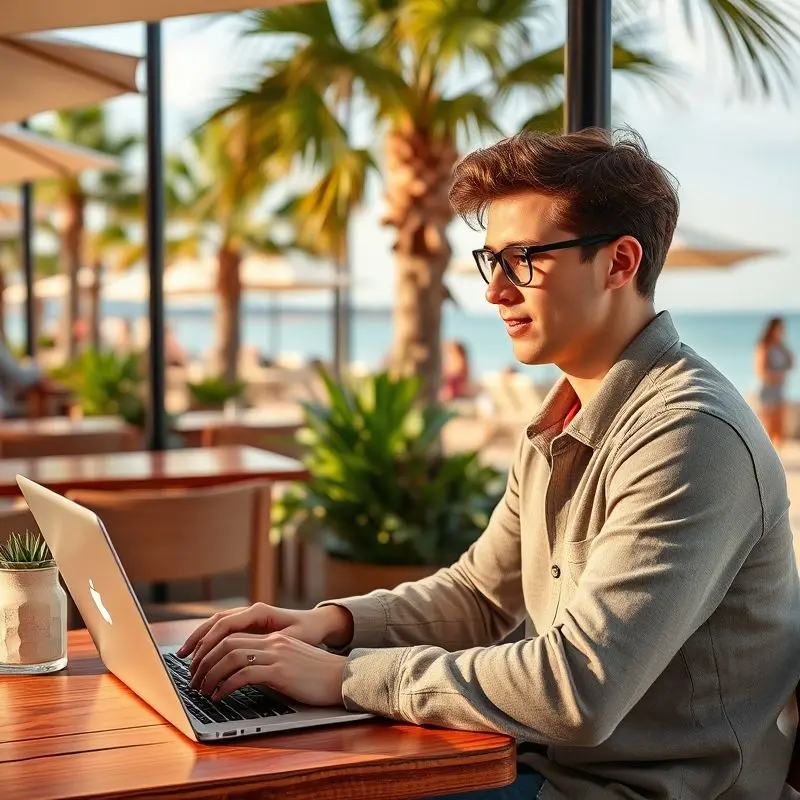 Remote worker applying for a Spanish work visa while enjoying a beachside view