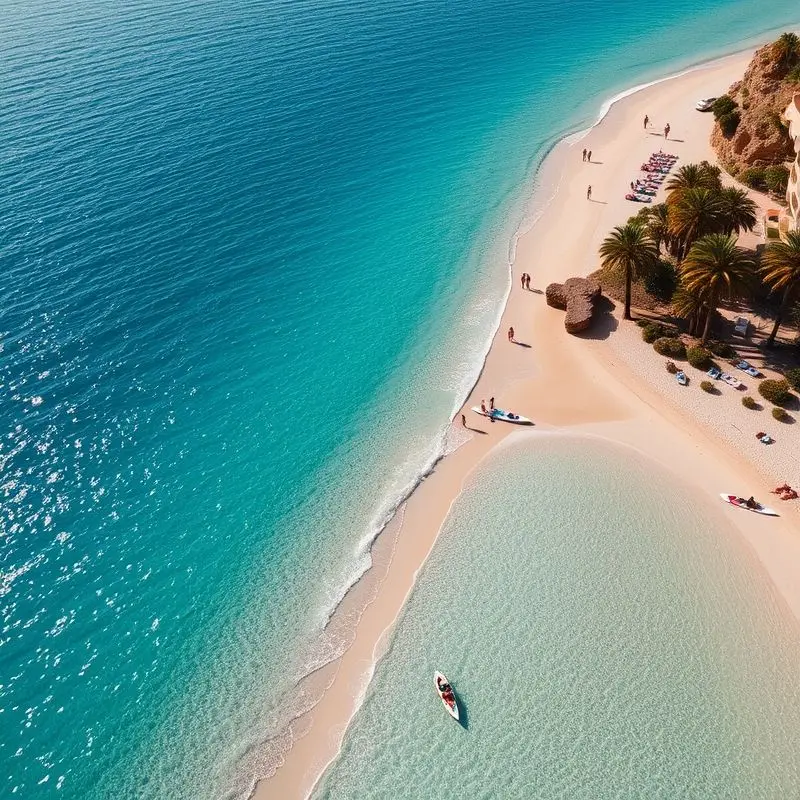Turquoise beach in Ibiza, Spain, with people sunbathing and paddleboarding.