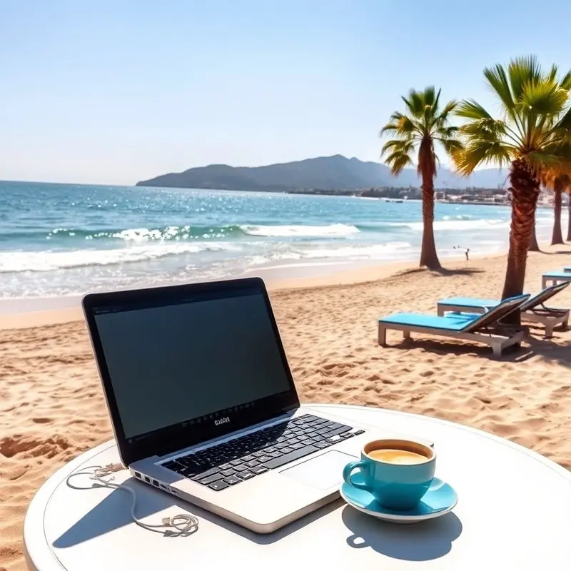 Laptop on a table by Valencia beach showcasing the remote work lifestyle.