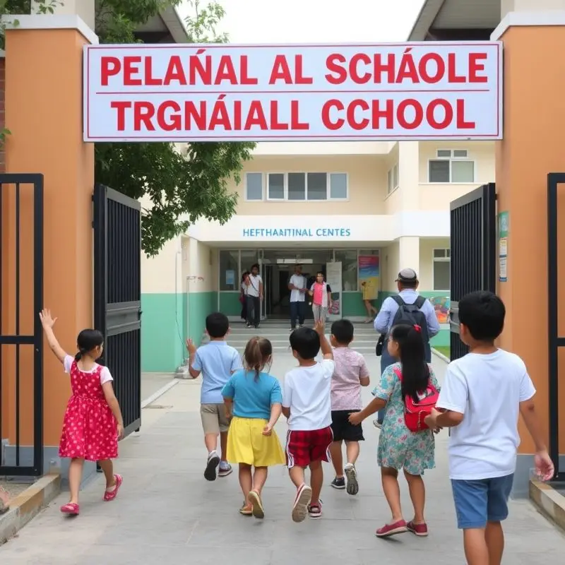 Kids entering a Spanish bilingual school