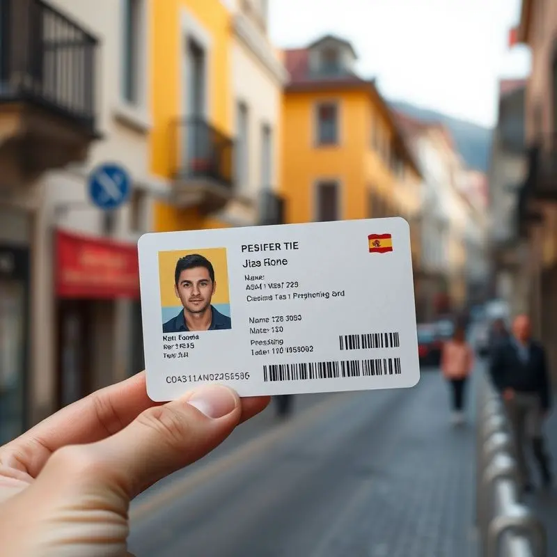 Hand holding a Spanish TIE residency card with a Spanish city street in the background.
