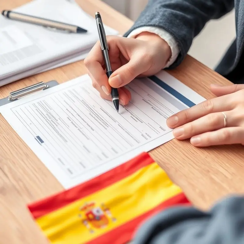 Person completing Spanish visa application form with documents.