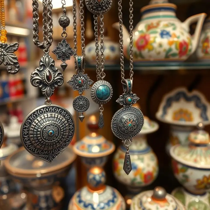 Traditional Damascene jewelry and ceramic tiles from Toledo, Spain.