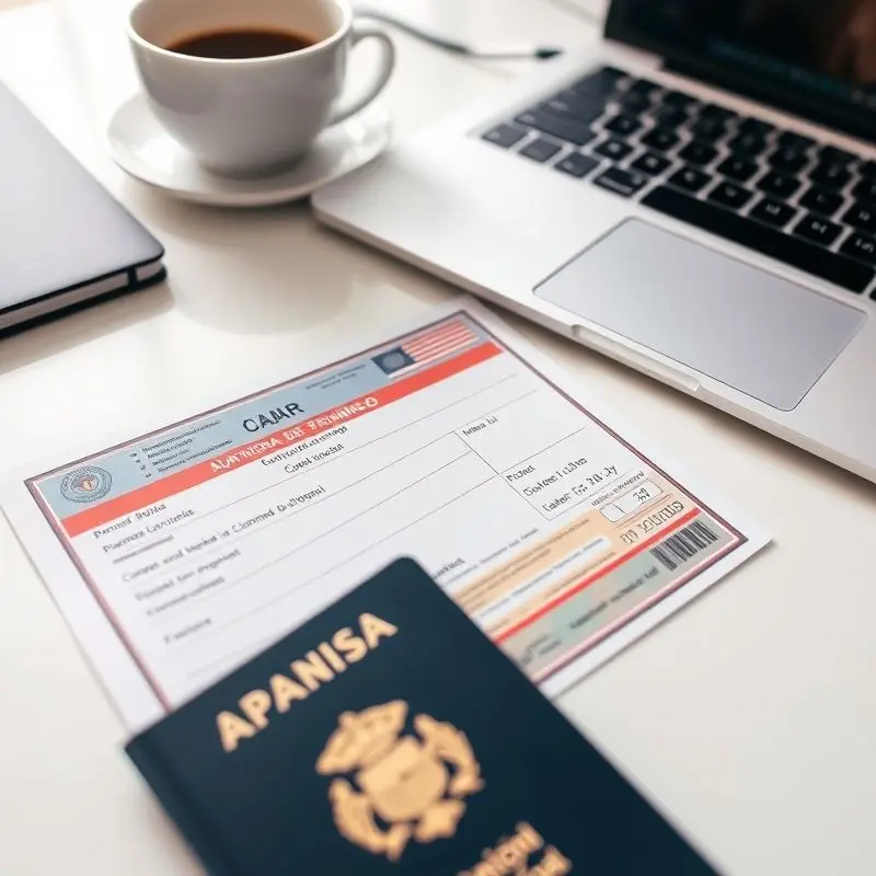 Spanish Digital Nomad Visa document beside a laptop and passport.