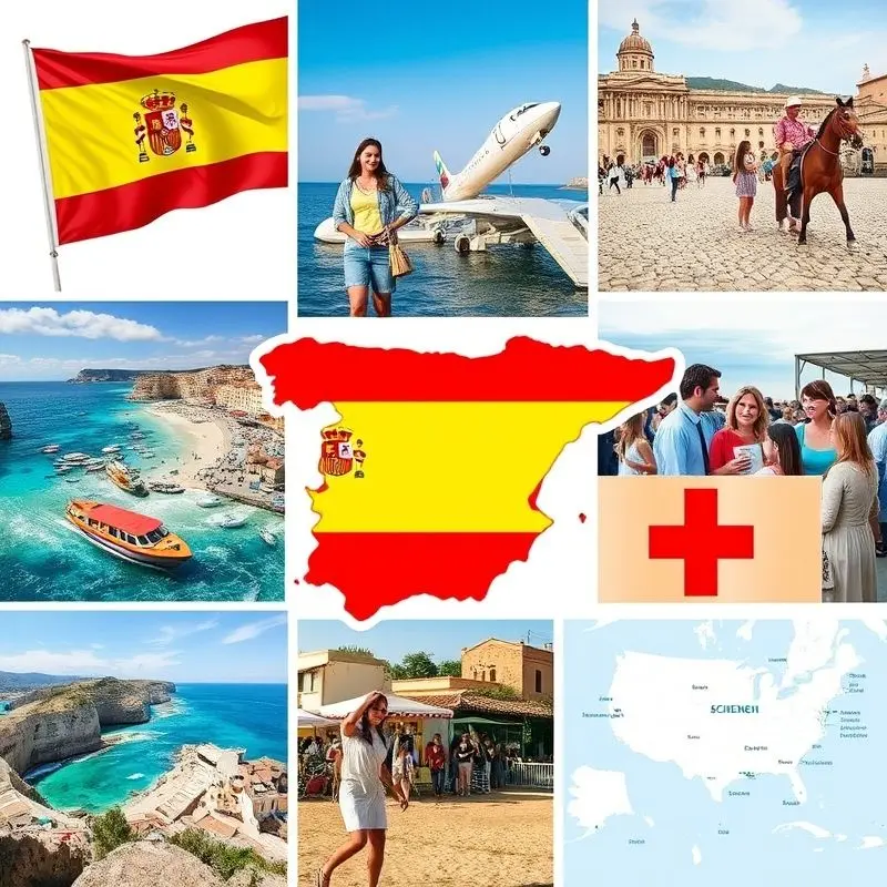 Collage of Spain lifestyle benefits including beaches, culture, and Schengen travel.