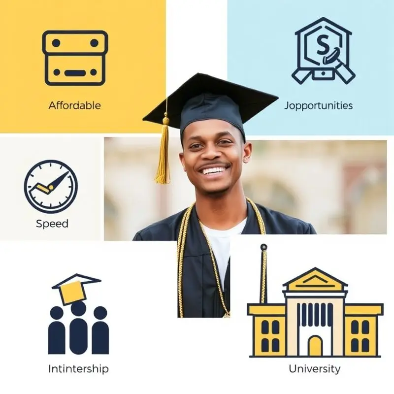 Graduate surrounded by icons representing benefits of vocational training in Spain.