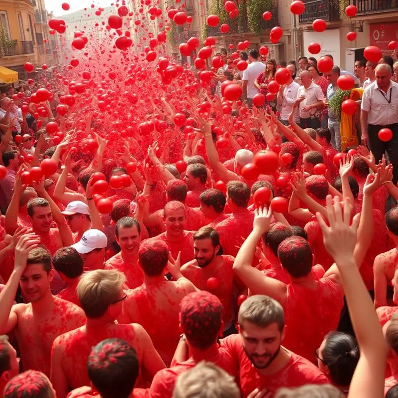 People throwing tomatoes at La Tomatina festival in Spain.