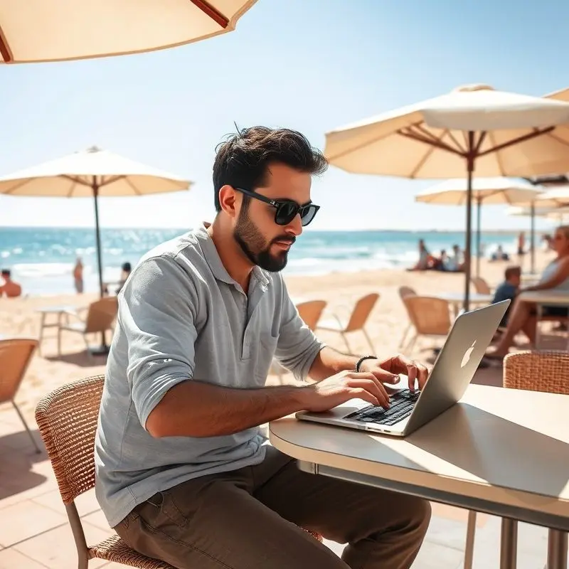 Digital nomad working at a beachfront café in Spain