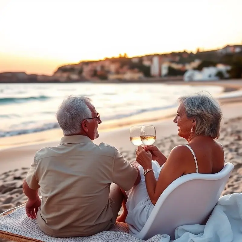 Elderly couple enjoying retirement on a Spanish beach at sunset