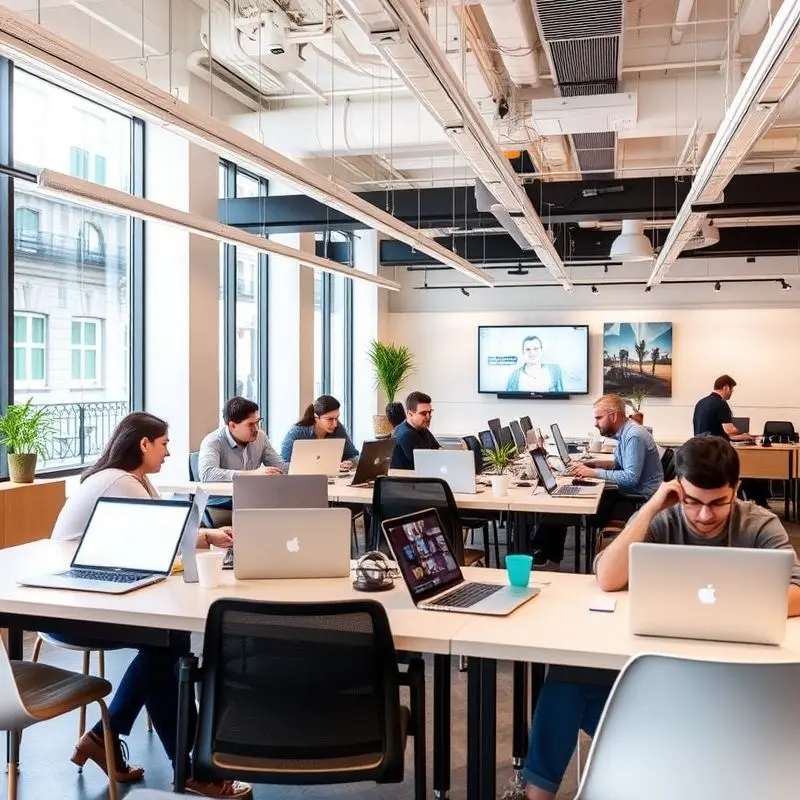 Digital nomads working in a modern coworking space in Madrid.