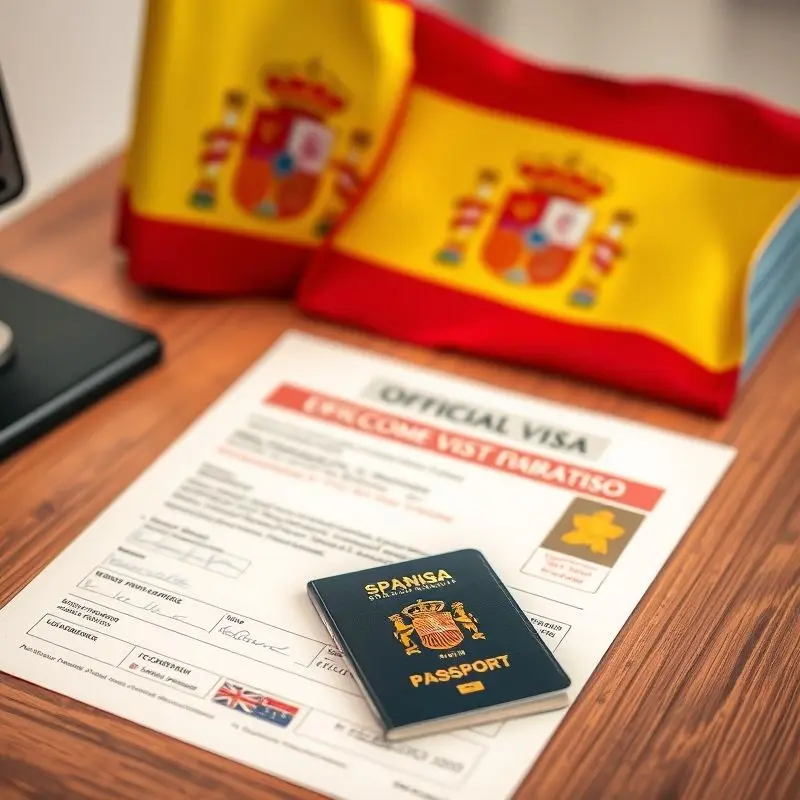Spanish visa documents and passport with Spain flag.