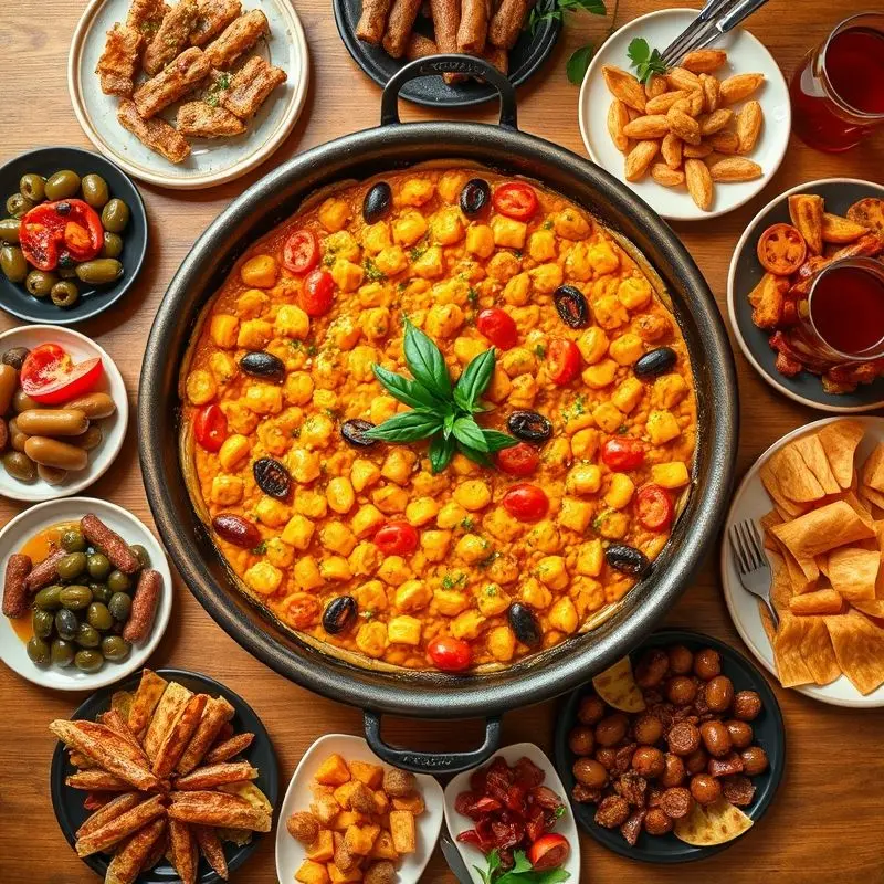Spanish paella and tapas served on a rustic wooden table.