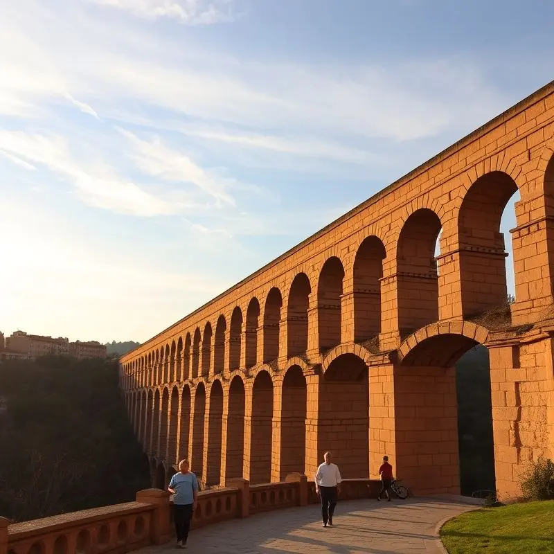 Roman aqueduct in Segovia, Spain, during sunset.