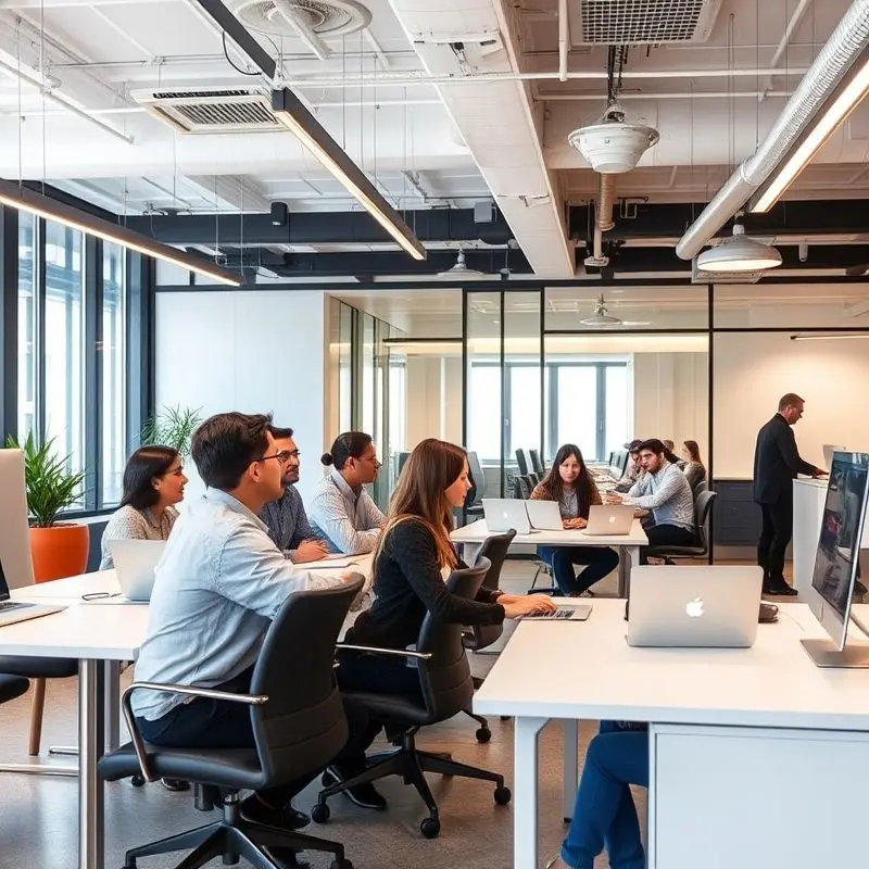 International employees working in a modern office in Madrid