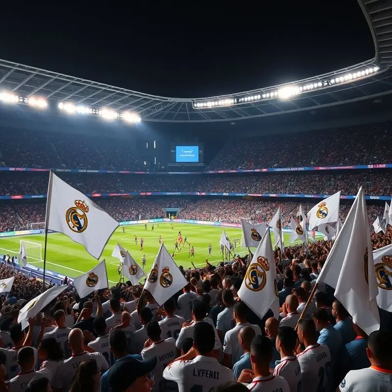 Real Madrid fans cheering inside Santiago Bernabéu Stadium.