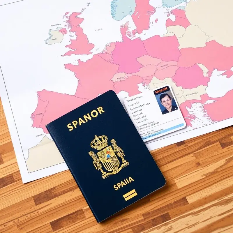 Spanish passport and residency card next to a map of Europe