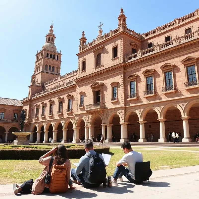 University students studying in a Spanish campus with historic buildings