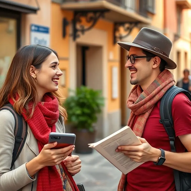 Traveler using Spanish phrases to communicate with locals.