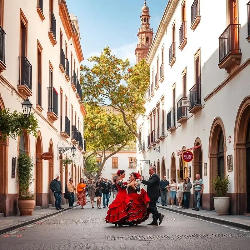 Seville’s traditional street with flamenco and orange trees.
