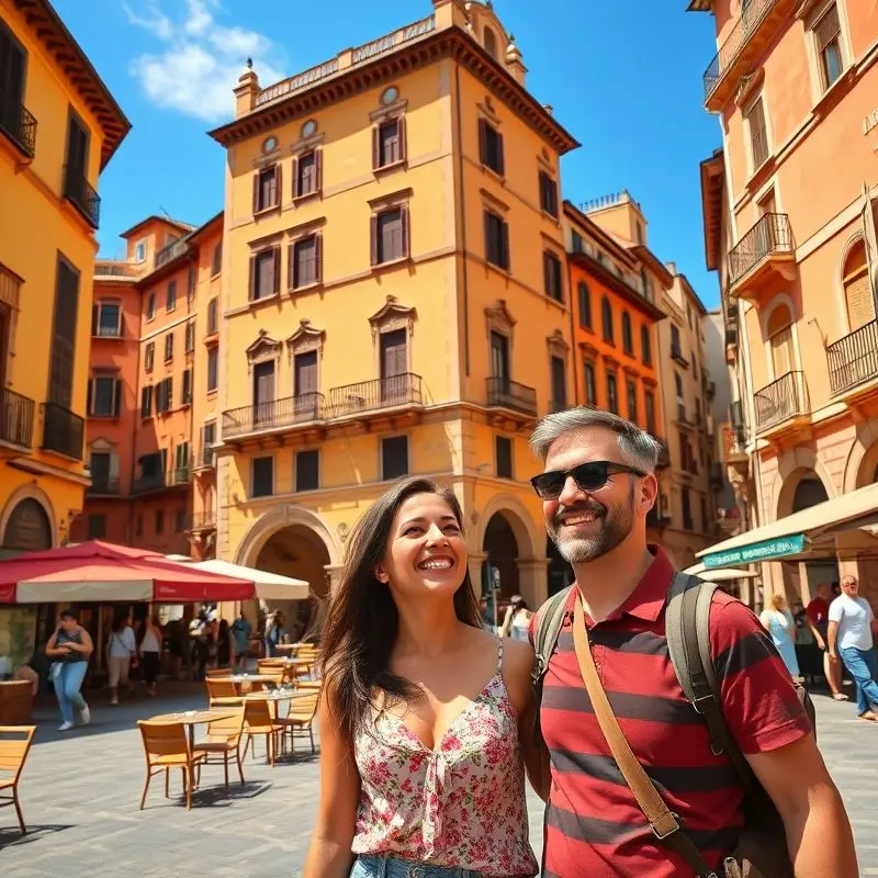 Couple enjoying a sunny day in a Spanish square with local architecture and restaurants.