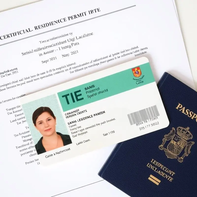 A Spanish residence permit card placed on top of immigration documents and a passport.