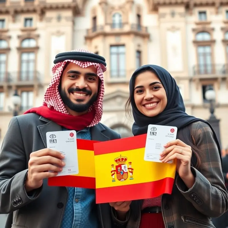 Arab man and woman holding Spanish residency cards in front of a Spanish government building.