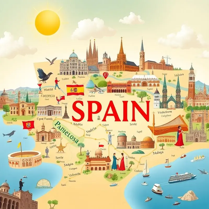 Map of Spain with major cities, landmarks, and Mediterranean scenery.