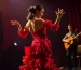 Flamenco dancer in red dress performing with guitarist in Seville.