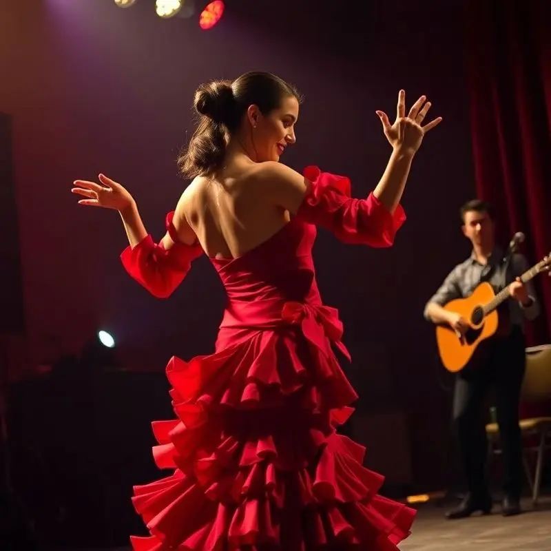 Flamenco dancer in red dress performing with guitarist in Seville.