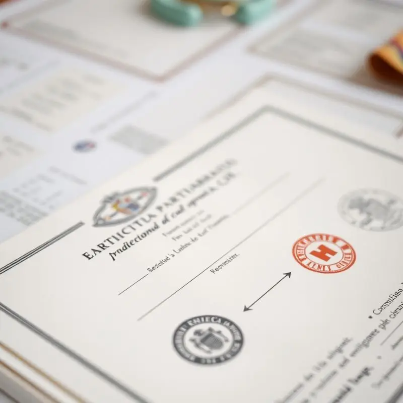 Spanish marriage or partnership certificate on a table with national flag.