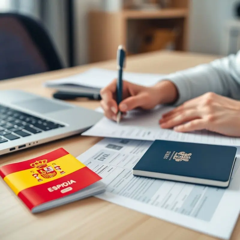 Work-based residency application documents for Spain on a desk