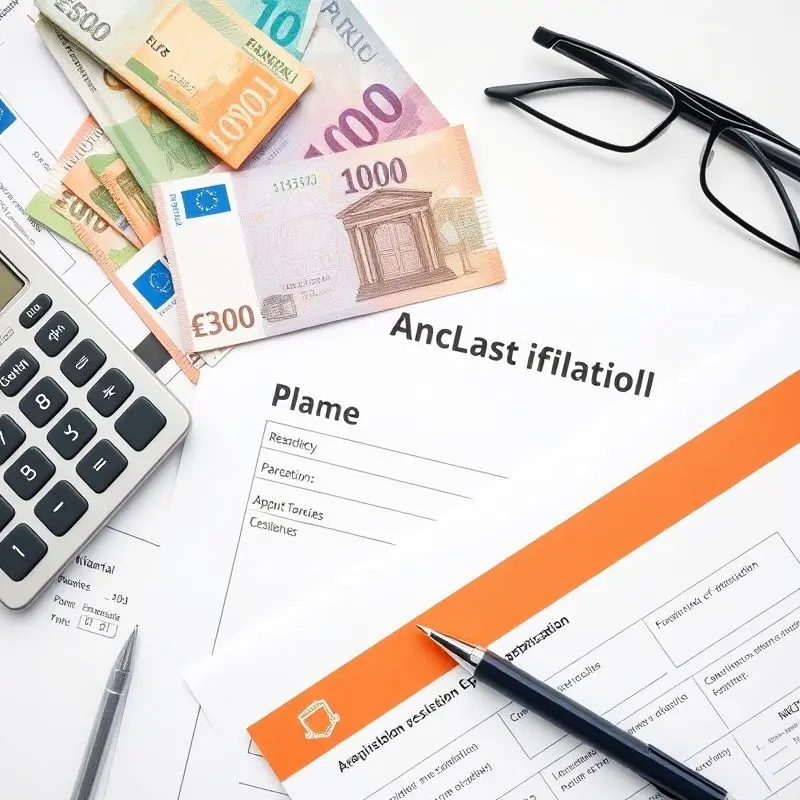 Euro notes and calculator with Spanish residency application form.