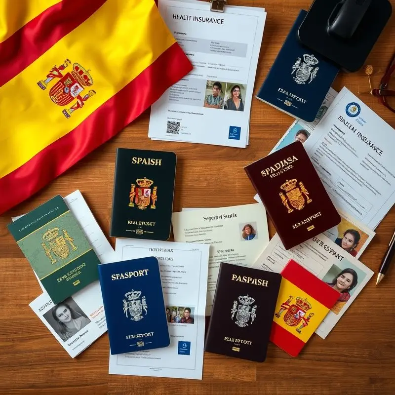 Flat lay of different visa documents, passport, Spanish flag, and supporting paperwork on a desk.