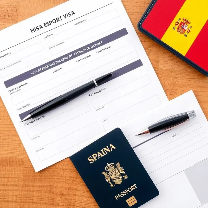 Spain visa application forms with a passport and Spanish flag.