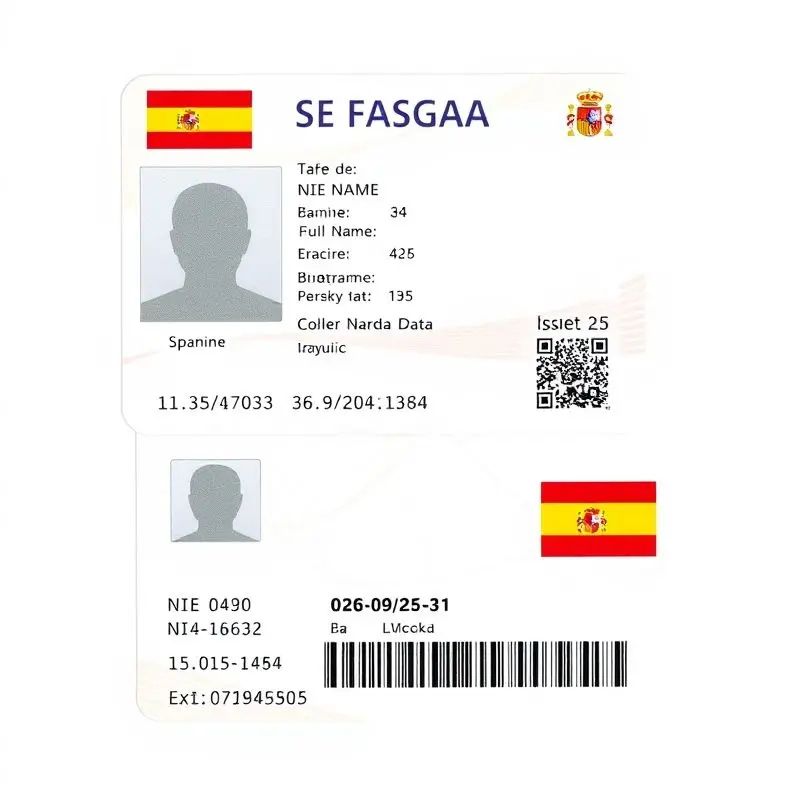 Mock-up of Spanish NIE residence card front and back showing identification details.