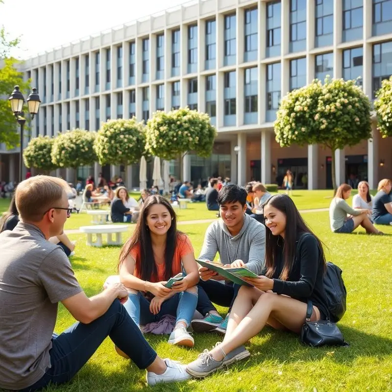 International students socializing on a Spanish university campus with modern facilities